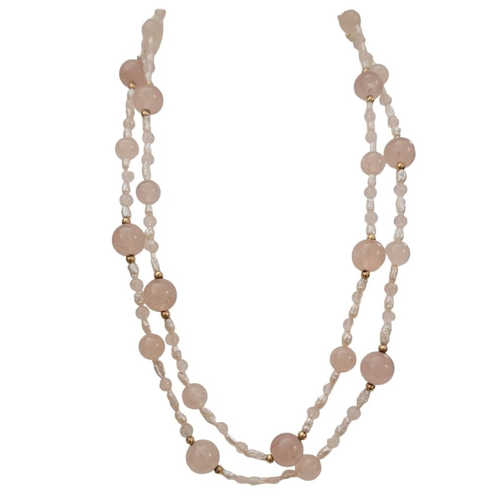 14K Yellow Gold Rose Quart, Rice Pearl Double Strand Necklace, 17" Long K794